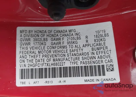 2020 Honda Civic Ex-L из США, поврежденный, VIN 2HGFC1F7XLH680227